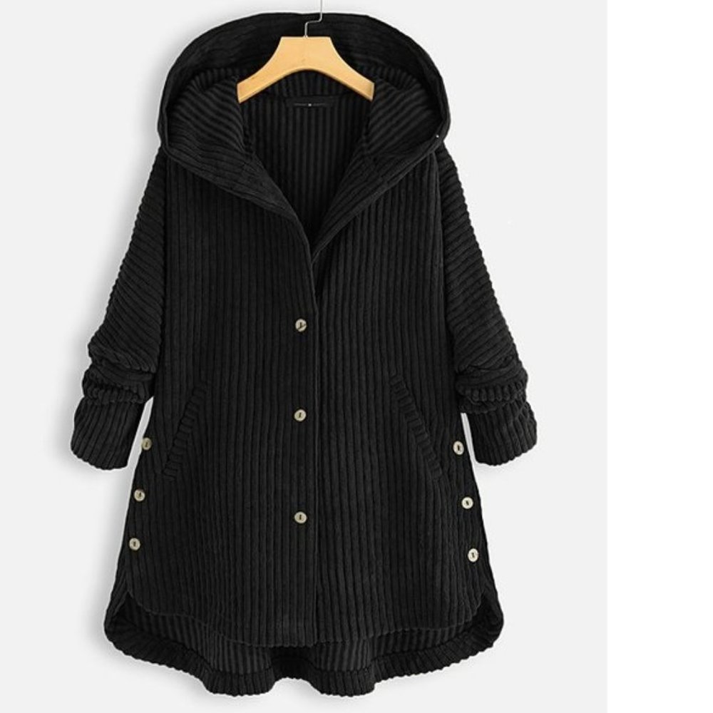 NWT Black Chenille Ribbed Corduroy Hooded Jacket pockets Button accent L…